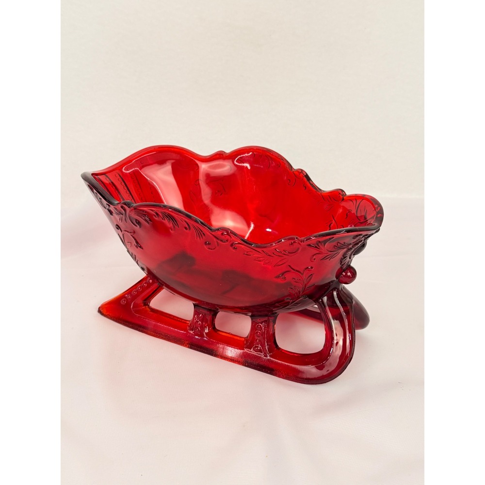 Mosser Red Glass Sleigh Bowl Christmas Holiday Candy Dish Embossed Floral 9 Inch